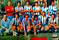 C. D. MÁLAGA - Málaga, España - Temporada 1975-76 - Palomo, Aráez, Martínez, Requejo, Migueli y Uriarte; Dionisio Franco (masajista), Quevedo, Orozco, Vilanova, Voltaire García y Esteban - BARCELONA ATLÉTICO 1 (Rusky), C. D. MÁLAGA 6 (Quevedo 2, Voltaire García, Esteban, Uriarte y Aráez) - 26/10/1975 - Liga de 2ª División, jornada 7 - Barcelona - El C. D. MÁLAGA, con Milorad Pavic de entrenador, se clasificó 3º en la Liga, ascendiendo a 1ª