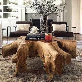 meja akar kayu jati model aesthetic untuk ruang tamu