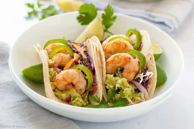 Flavorful Fiesta: Shrimp Tacos with Tomatillo Guacamole and Cilantro Lime Slaw