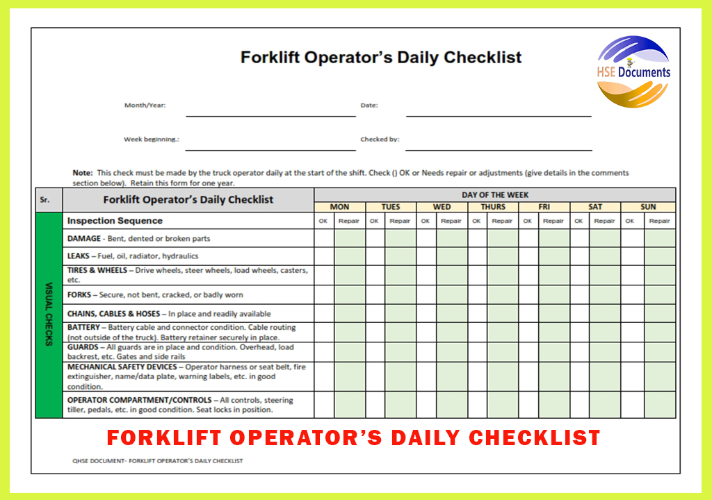 FORKLIFT OPERATOR’S DAILY CHECKLIST
