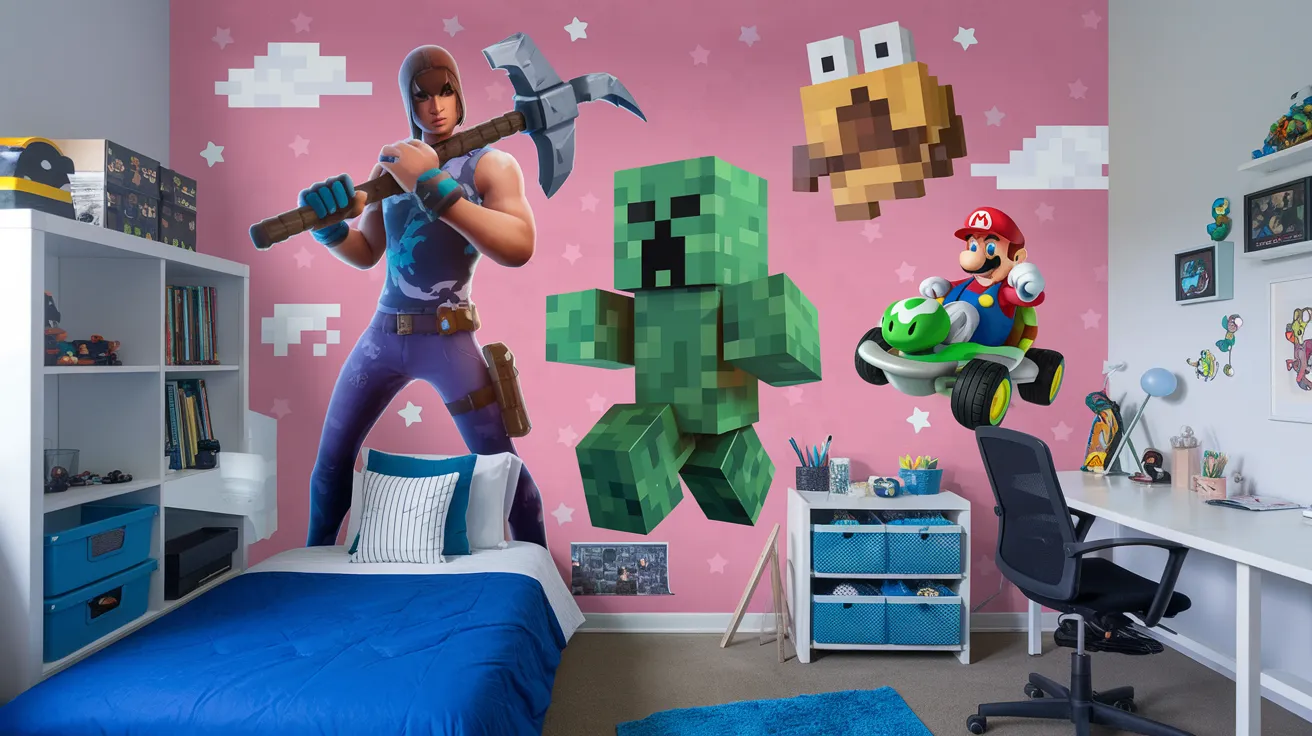 A 10-year-old boy's bedroom featuring gaming-themed wall decals with characters from popular video games like Fortnite and Minecraft.