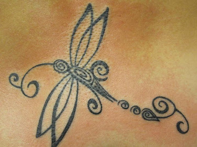 Various pictures of tribal dragonfly tattoo design on the body.