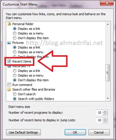 Menampilkan Recent Items Pada Windows 7
