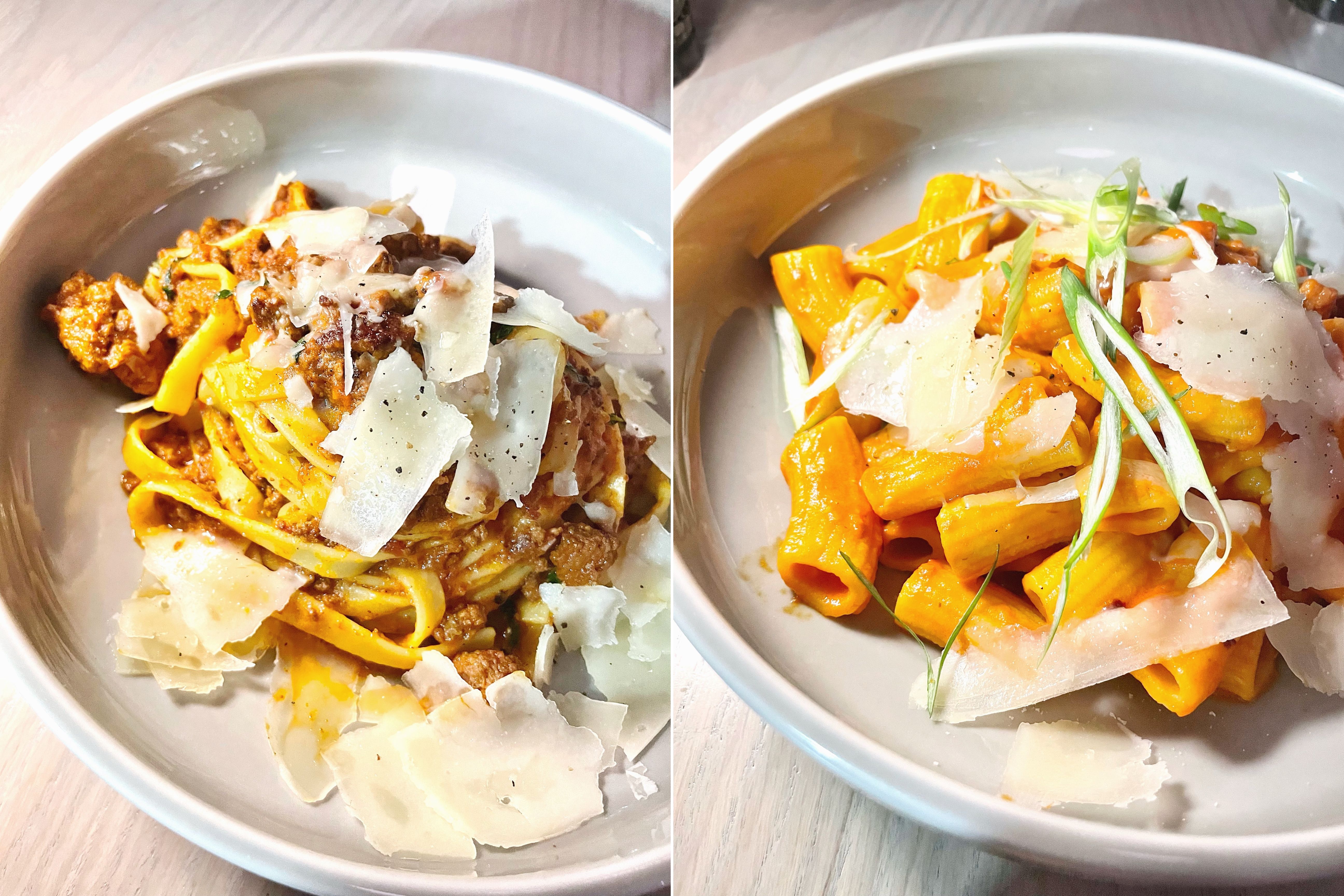 Tagliatelle bolognese and mezza rigatoni vodka pasta.