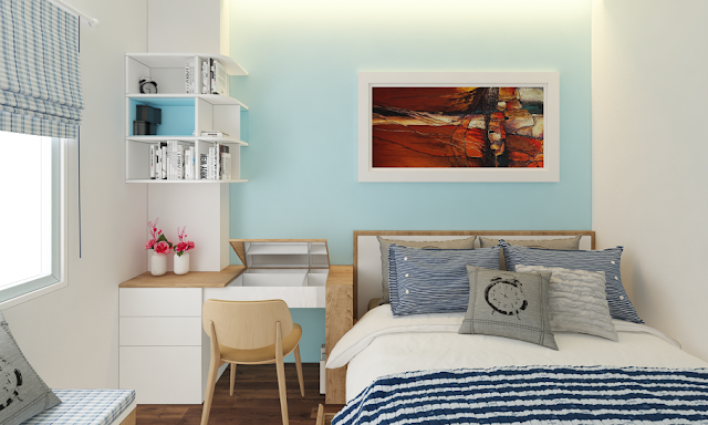 Hình ảnh cho mẫu bàn phấn, bàn trang điểm kiêm bàn làm việc được bài trí trong không gian căn phòng ngủ nhỏ