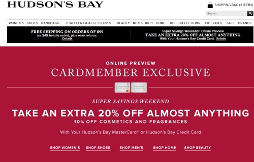 Hudson's Bay Super Savings Weekend Extra 20% Off Cardmember Exclusive Preview