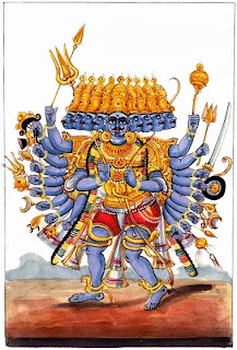 Ravana believed himself invincible. This picture brings him into the present-day context by including in hi, arsenal a gun. 