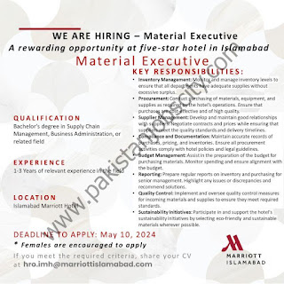 Islamabad Marriott Hotel Latest Jobs in Islamabad Material Executive 2024