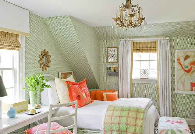 green and organge peach bedroom decor interior