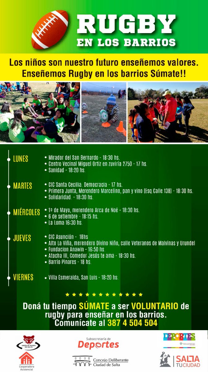 SUMATE al rugby en los barrios, cronograma de actividades