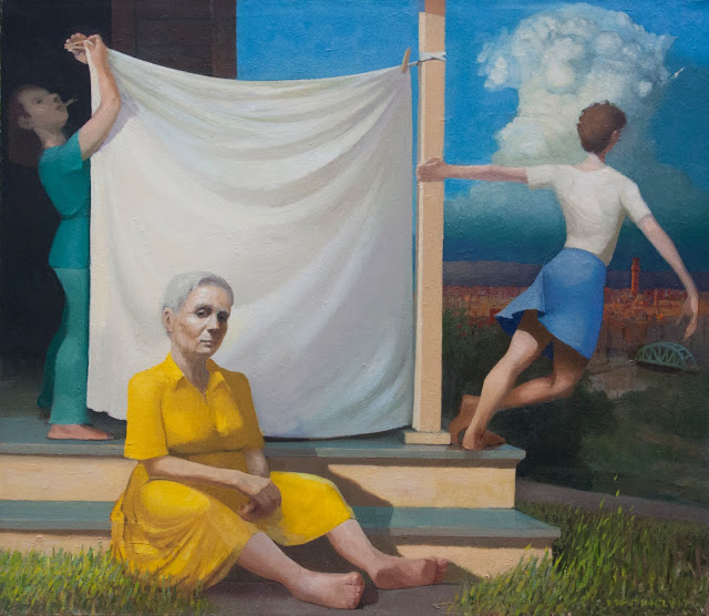 Three women of different generations share a porch. The youngest swings from a pillar and looks into the picture at a river and city in the distance. Her mother, dressed in work clothes, is absorbed in hanging the laundry, while the grandmother, seated on the steps, looks out of the picture with a skeptical expression. A thundercloud looms in the background.