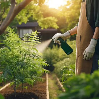 Applying neem oil to plants as a natural pest control solution.
