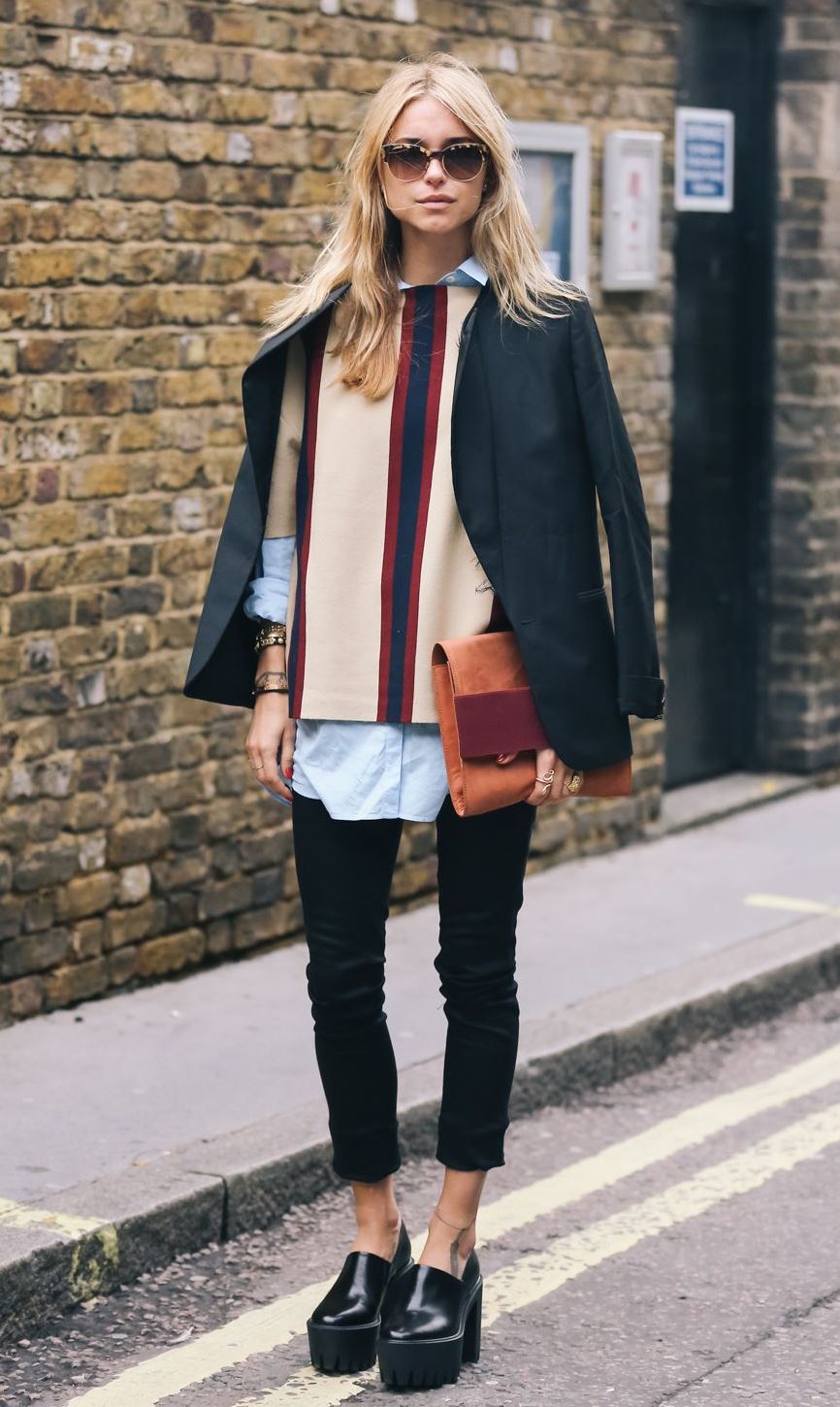 awesome office look | black blazer + clutch + pants + platform boots + shirt + striped top