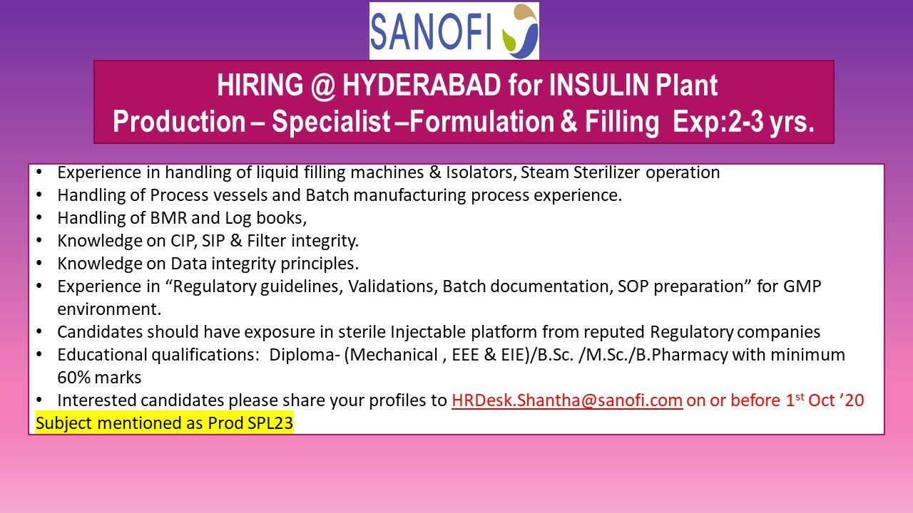 Job Availables, Sanofi India Job Opening for Production – Specialist – Formulations & Filling