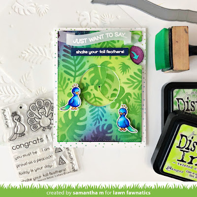 Shake Your Tail Feathers Card by Samantha Mann for Lawn Fawnatics Challenge, Lawn Fawn, Peacock, Interactive, Magic Iris, Distress Inks, Stencil, Cards, Handamde Cards, #lawnfawn #lawnfawnatics #interactivecard #cardmaking #magiciris #peacock #cardmaking