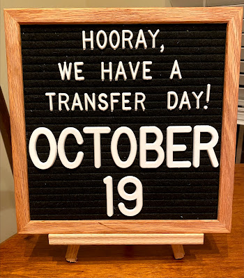 Letter board that reads "Hooray, we have a transfer day! October 19"