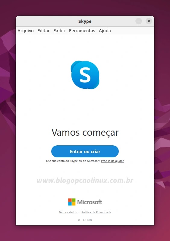 Skype executando no Ubuntu 22.04 LTS (Jammy Jellyfish)