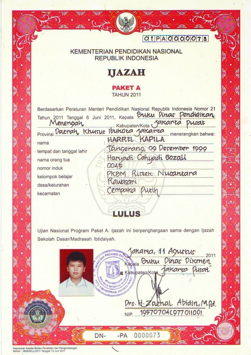 CONTOH IJAZAH PAKET A,B,C ~ PKBM WALET