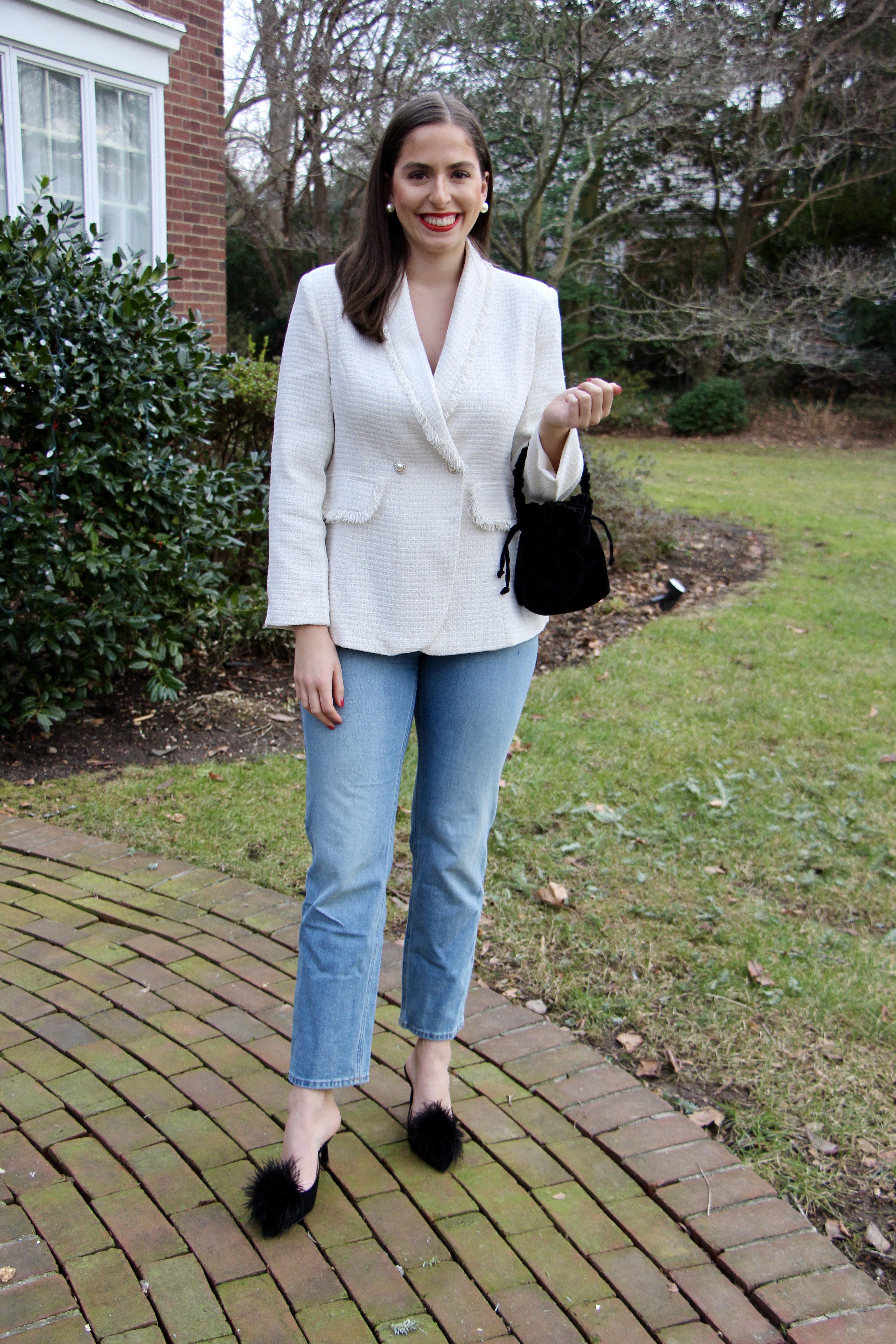 tweed blazer, winter white, white tweed blazer, new year goals, feather heels, new year