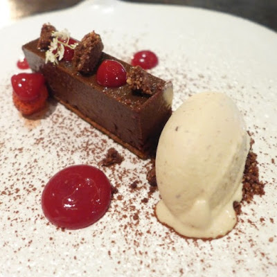 Valrhona Chocolate,caramel chocolate ganache filling, chocolate mousse, vanilla ice cream