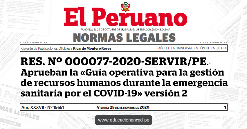 RES. Nº 000077-2020-SERVIR/PE.- Aprueban la «Guía operativa para la gestión de recursos humanos durante la emergencia sanitaria por el COVID-19» versión 2