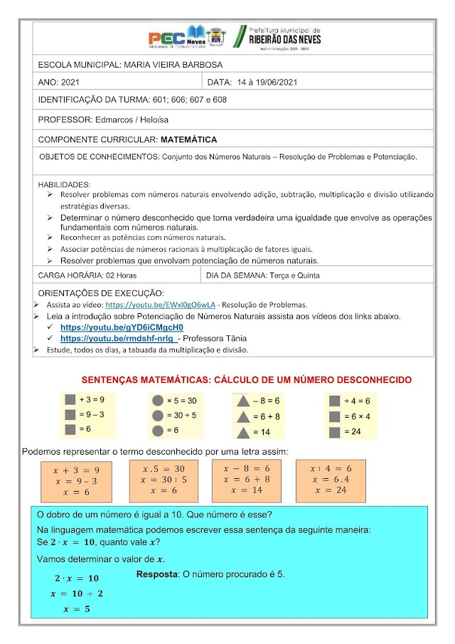 Atividades de Matemática - Prof: Edmarcos. De 14 a 19 de junho.