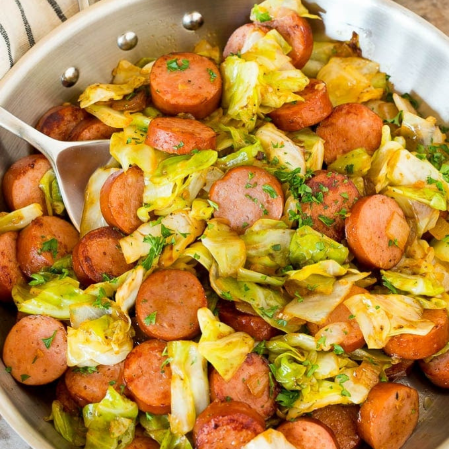 cabbage and sausage in a pan