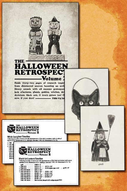 Two timeline cards with a black cat lantern and a witch candy container, shown with cover of The Halloween Retrospect, Volume 2