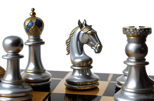 Silver Chess Pieces On a Chess board, Knight, bishop and pawns