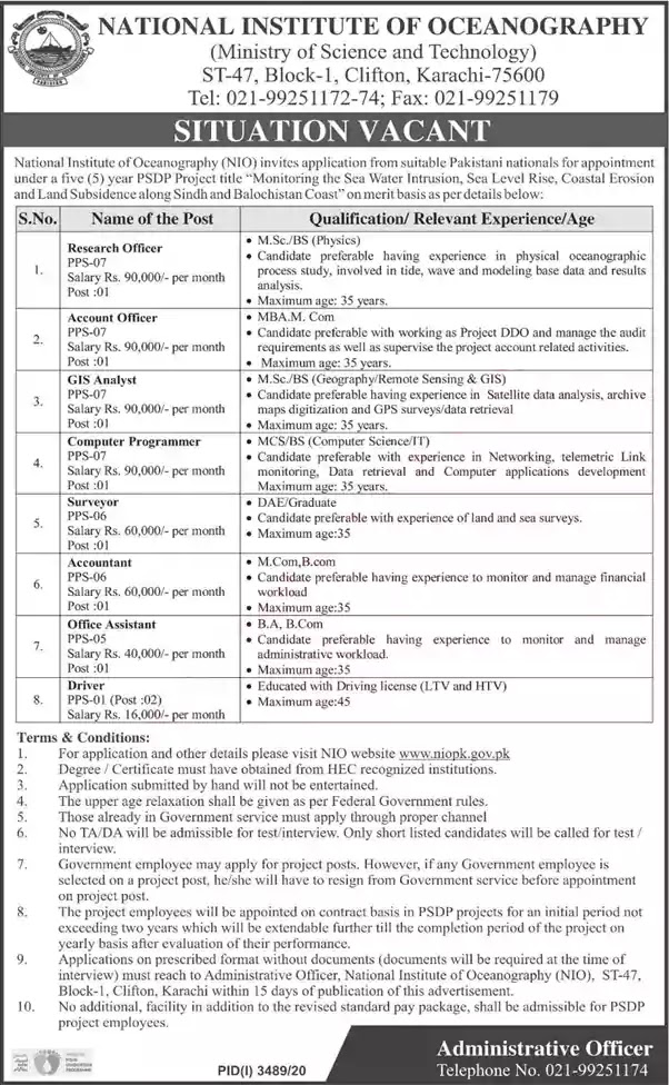 National Institute of Oceanography Karachi Jobs 2021 Application Form Drivers and Others