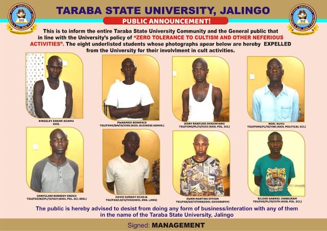 Taraba State University Expels 8 Students For Cultism (Photos & Names)