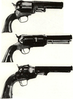 Multishot designs were ingenious. A. C. Vaughn built Colttype pistol cal. .24 with concentric rows of chambers, two loading lever plungers. G. H. Gardner patented supplementary cylinder and special loading plungers on modified Beals-type pistol. Walch in patent model went hog wild with belted cylinder, special frame. 12-shot model has barrel like .31 Colt but is recorded as .30 caliber.