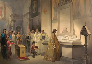 Ludovico Sforza mourns his wife's death by her tomb in the church of Santa Maria delle Grazie