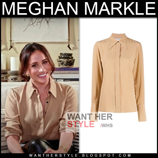 Meghan Markle in silk camel shirt