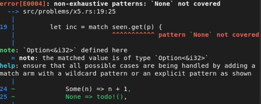 Image of code snippet showing error detection message for pattern matching in Rust