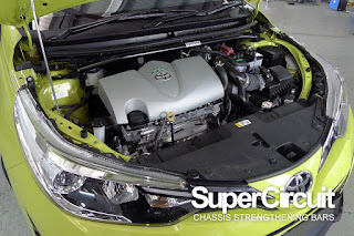 SUPERCIRCUIT Front Strut Bar installed to the Toyota Yaris Hatchback.