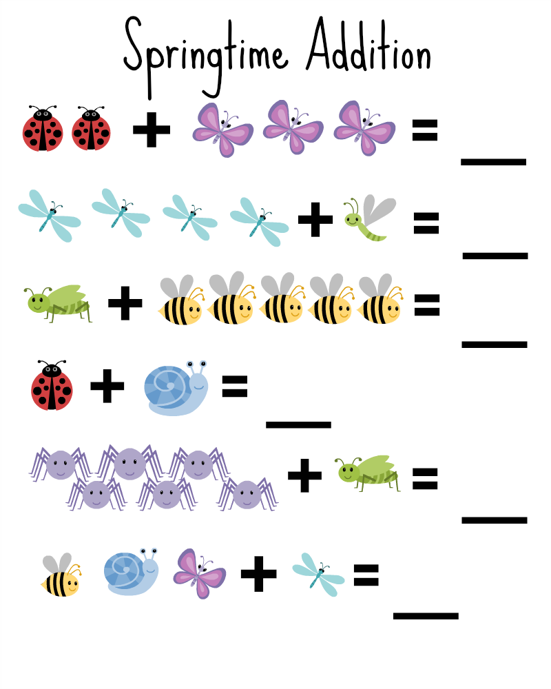 Springtime Addition Worksheet for Kindergarten