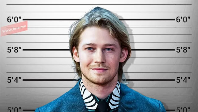 Joe Alwyn posing in front of a height chart background