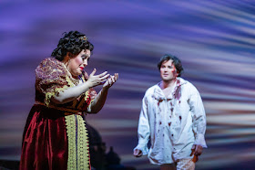 IN REVIEW: soprano ALEXANDRA LOBIANCO as Tosca (left) and tenor SCOTT QUINN as Cavaradossi (right) in North Carolina Opera's April 2019 production of Giacomo Puccini's TOSCA [Photograph by Eric Waters, © by North Carolina Opera]