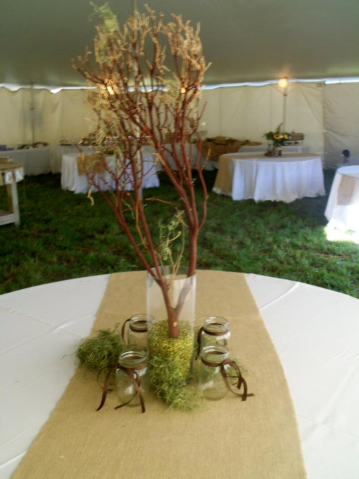 split peas in cylinder vase with trees hanging moss candles in mason jars