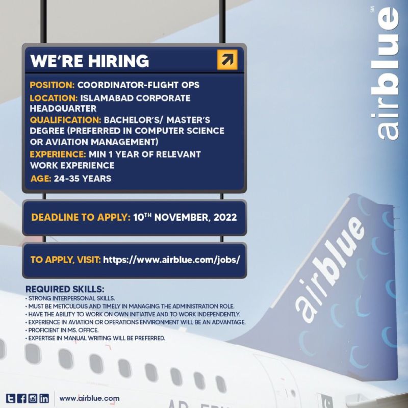 AirBlue Pakistan Jobs for  Flight Operations / Coordinator /