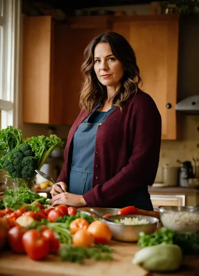 A woman in a cozy kitchen preparing fresh vegetables, including Brussels sprouts, for a healthy meal.