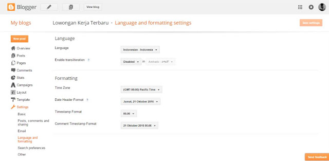 Cara mengganti Bahasa dan Mengatur Zona Waktu di Blogger.com Dengan Mudah 2