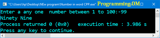 Program in C++  to print given number into word