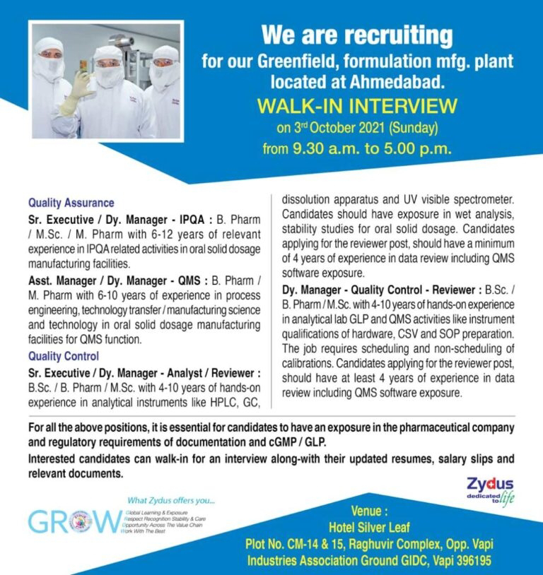 Job Availables,Zydus Cadila – Walk-In-Interviews for Quality Control, Quality Assuarnce