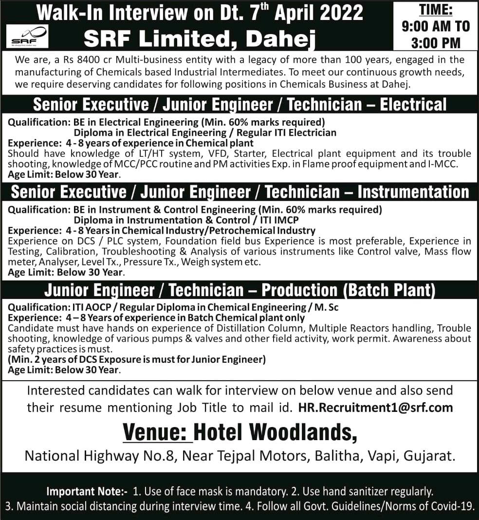 Job Availables,SRF Limited Walk-In-Interview For Diploma Chemical/ BE/ Diploma in Electrical Engineering/ BE In Instrument & Control Engineering/ Diploma in Instrumentation & Control/ ITI AOCP/ ITI/ MSc