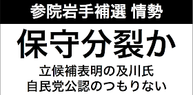 岩手県知事選後の参院補選の情勢が未だ定まっていない。そんななかで「保守分裂の可能性」を河北新報が2015年7月29日に報じている。