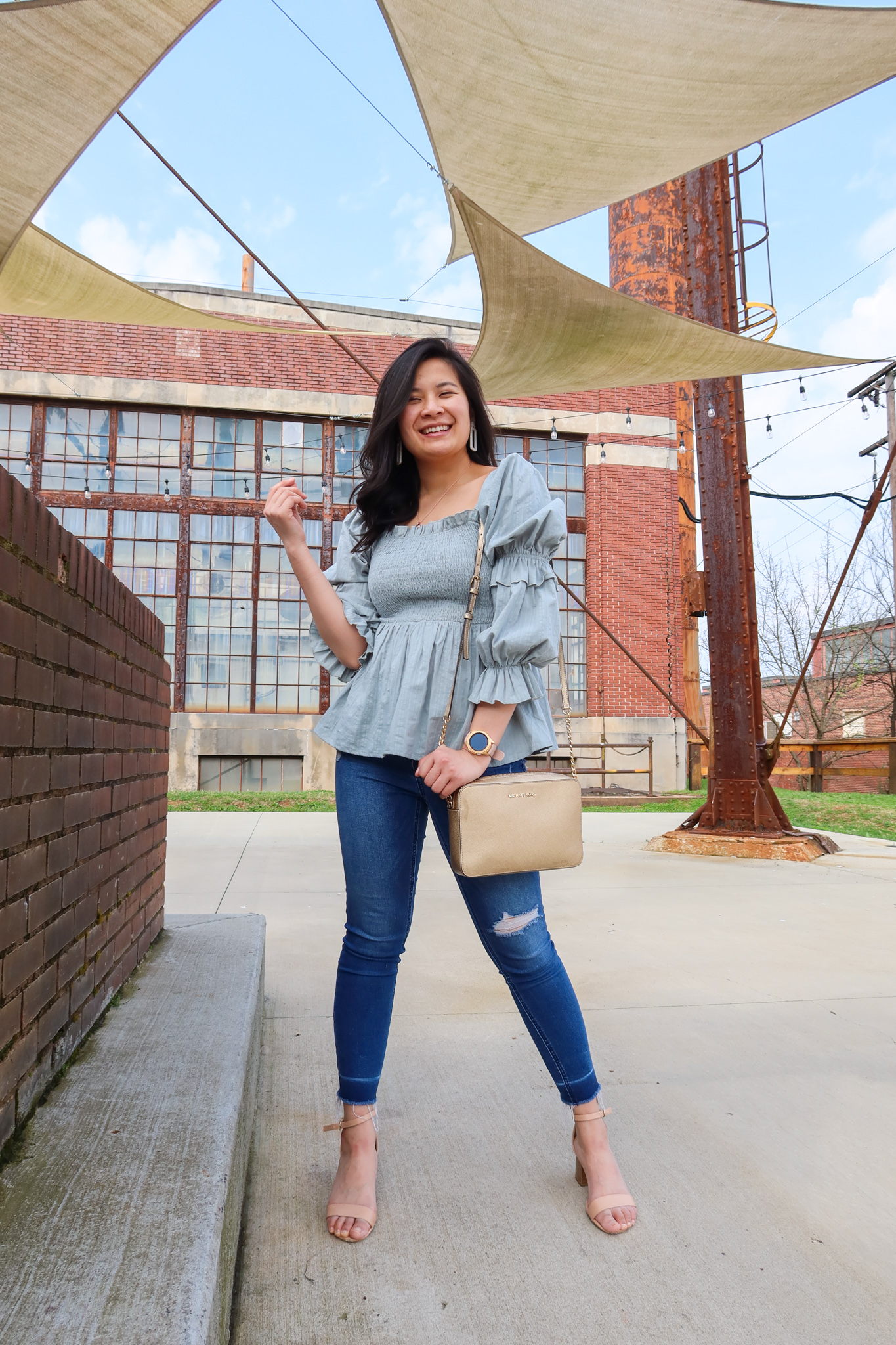 Sage Green Top styled with light wash skinny jeans and nude heels