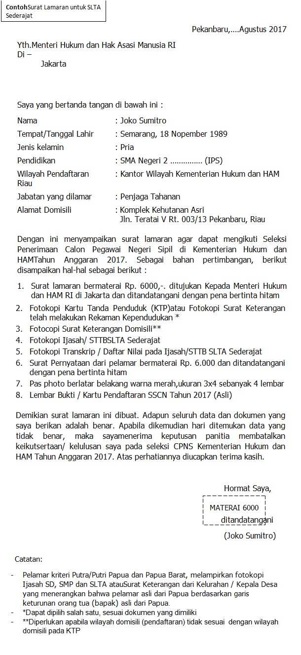Format Terbaru Contoh Surat Lamaran CPNS Kementerian Hukum 