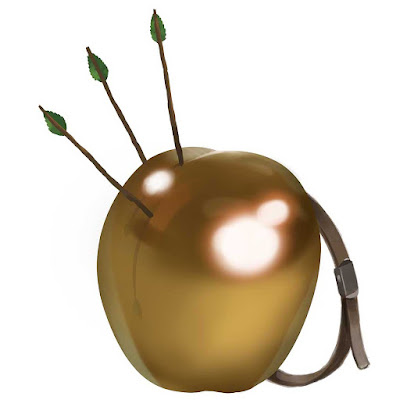 A shiny metallic gold half-apple with a buckled strap protrudes three branch-like shafts with leaf-like fletching.